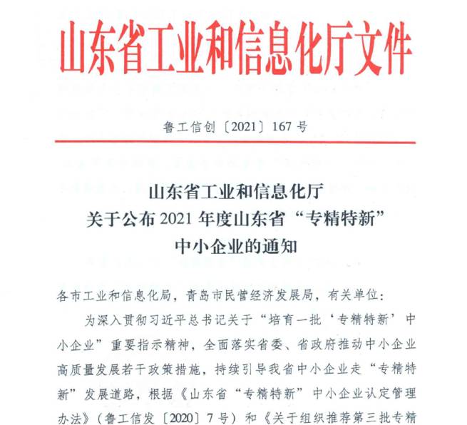 喜報(bào)！熱烈祝賀我司通過山東省“專精特新”中小企業(yè)審核